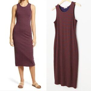Marine Layer Lexi Rib Daytime Midi Dress in Cabernet/Navy L Slim Stretchy $90